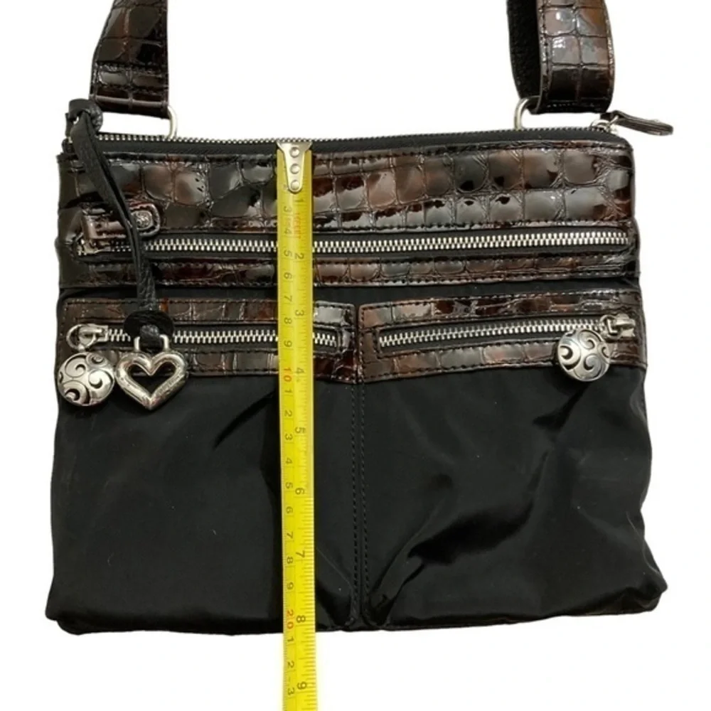 Brighton black nylon with brown embossed patent leather messenger bag